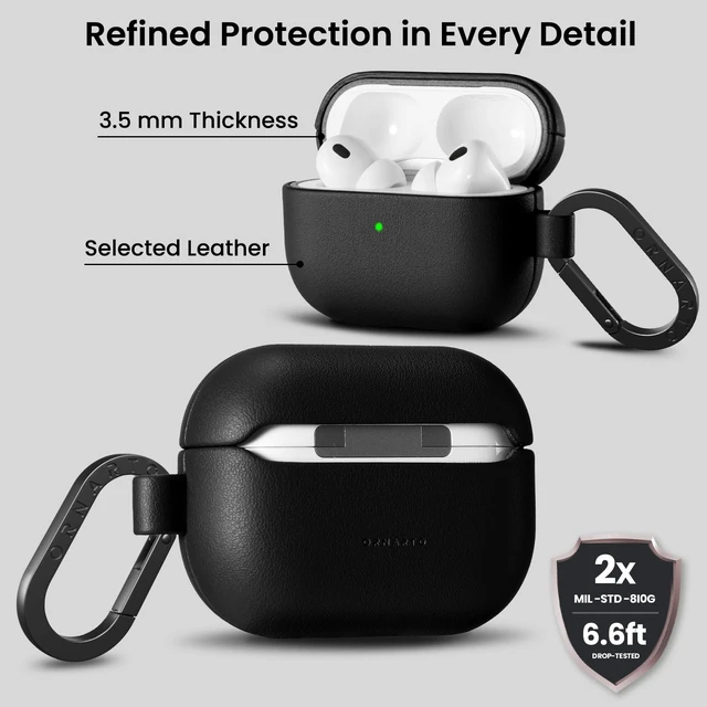 Alt view image 3 of 7 - for AirPods Pro 3 Case, Vegan Leather Cover, Midnight Black Leather Vegan Leather Cover, Front LED Visible, Wireless Charging, Anti-Scratch, Soft Touch, Metal Carabiner