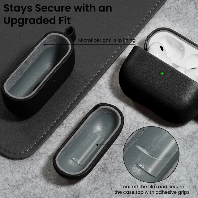 Alt view image 6 of 7 - for AirPods Pro 3 Case, Vegan Leather Cover, Midnight Black Leather Vegan Leather Cover, Front LED Visible, Wireless Charging, Anti-Scratch, Soft Touch, Metal Carabiner