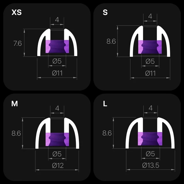 Alt view image 5 of 6 - LT100 Liquid Silicone Ear Tips for Wired IEMs, 4 Pairs XS/S/M/L with Storage Case, Soft Replacement Tips for 5-6.5mm Nozzle HiFi Earphones, Tight Bass, All-Day Comfort - Violet