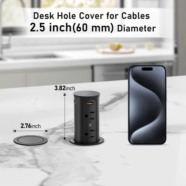 Alt view image 3 of 7 - Pop Up Outlet for Countertop with 15W Wireless Charging Pad,20W USB C,Recessed Power Strip 2.5-Inch Hole,Tamper Resistant Receptacle,4 USB,4 Outlets for Kitchen,Office Desk,ETL Listed (Black)