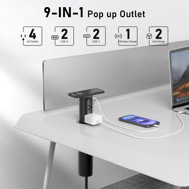 Alt view image 2 of 7 - Pop Up Outlet for Countertop with 15W Wireless Charging Pad,20W USB C,Recessed Power Strip 2.5-Inch Hole,Tamper Resistant Receptacle,4 USB,4 Outlets for Kitchen,Office Desk,ETL Listed (Black)
