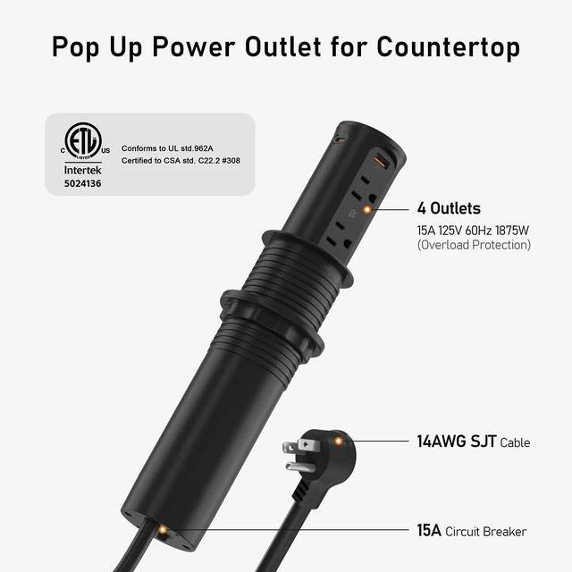 Alt view image 6 of 7 - Pop Up Outlet for Countertop with 15W Wireless Charging Pad,20W USB C,Recessed Power Strip 2.5-Inch Hole,Tamper Resistant Receptacle,4 USB,4 Outlets for Kitchen,Office Desk,ETL Listed (Black)