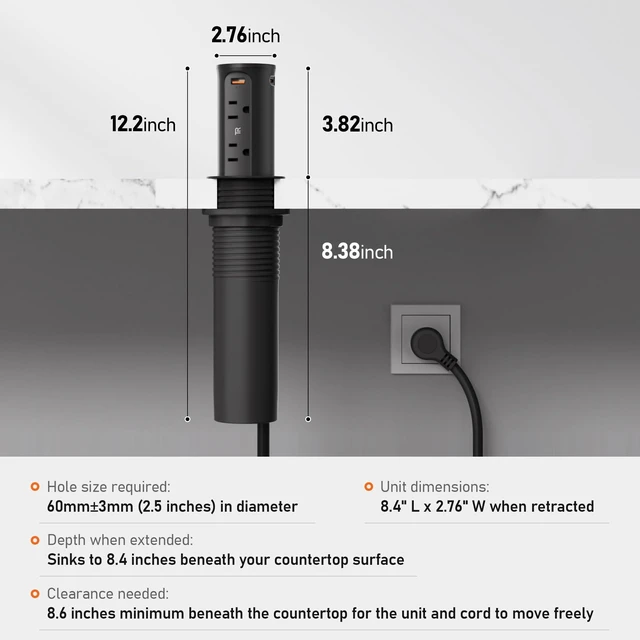 Alt view image 7 of 7 - Pop Up Outlet for Countertop with 15W Wireless Charging Pad,20W USB C,Recessed Power Strip 2.5-Inch Hole,Tamper Resistant Receptacle,4 USB,4 Outlets for Kitchen,Office Desk,ETL Listed (Black)