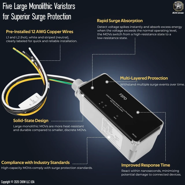 Alt view image 6 of 7 - FSPD140 Level 2 Whole House Surge Protection Device - 140,000A Rated for EV Charging, Storm Zones, and Grid Surges, Upgraded Replacement for Siemens FS140, Includes Wiring & Locknut