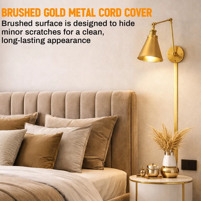 Alt view image 5 of 6 - 2 Pack 30" Long Metal Cord Cover Self-Adhesive Brushed Lamp Cable Raceway Wire Hider for Wall Cable Home Office Kitchen(Gold)