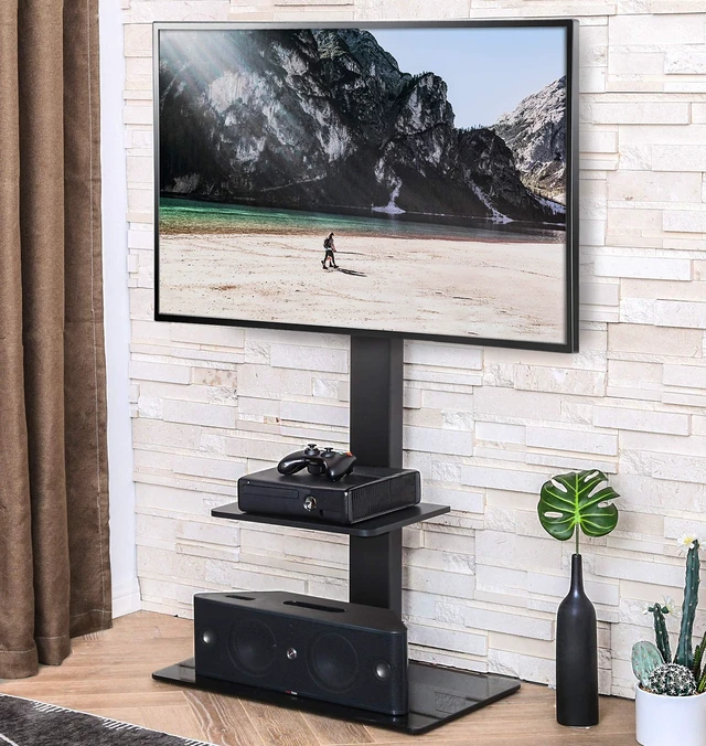 Alt view image 3 of 6 - Floor TV Stand for 37-75 Inch TV with Tempered Glass Base, Black Universal Swivel TV Mount with Height Adjustable, Corner Televisions Stand with Cable Management for Bedroom Living Room