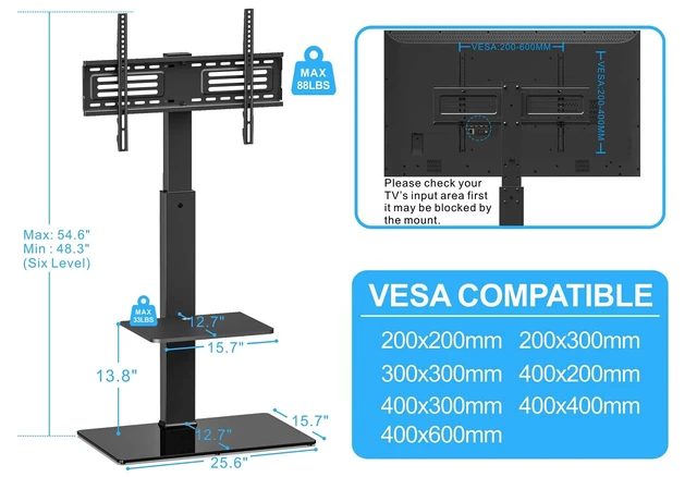Alt view image 4 of 6 - Floor TV Stand for 37-75 Inch TV with Tempered Glass Base, Black Universal Swivel TV Mount with Height Adjustable, Corner Televisions Stand with Cable Management for Bedroom Living Room