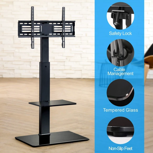 Alt view image 5 of 6 - Floor TV Stand for 37-75 Inch TV with Tempered Glass Base, Black Universal Swivel TV Mount with Height Adjustable, Corner Televisions Stand with Cable Management for Bedroom Living Room