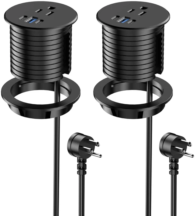 Main image of 2.5 inch Power Grommet,20W USB-C Charging,1 Outlet with 2 USB C,1 USB Port,Furniture Flush Mount for Desktop,Recessed Power Strip,Workspace Essential Desk Outlet,2PCS (Black, 2 PCS-6FT Cord)