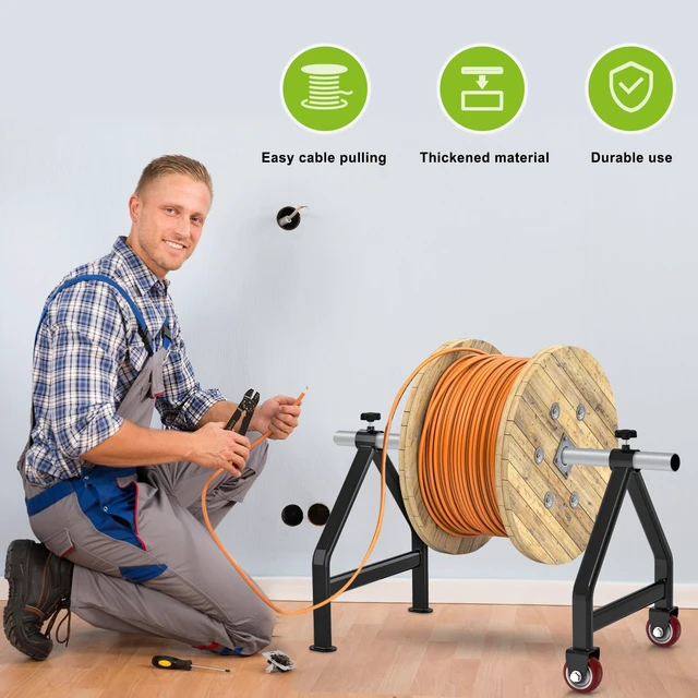 Alt view image 6 of 7 - Wire Spool Rack for up to 28" Spools, Black Fully Welded, Portable Cable Caddy with Wheels for Smooth Cable Dispensing on Job Sites, 220 lbs Capacity