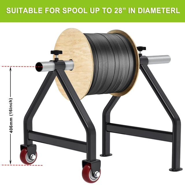 Alt view image 2 of 7 - Wire Spool Rack for up to 28" Spools, Black Fully Welded, Portable Cable Caddy with Wheels for Smooth Cable Dispensing on Job Sites, 220 lbs Capacity