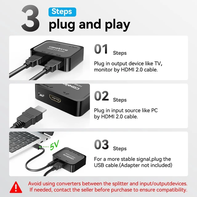 Alt view image 6 of 7 - 4K@60Hz HDMI 2.0 Splitter 1 in 2 Out, Mirror Only Not Extended Display, HDMI 2.0 Splitter, Support HDMI2.0, HDCP2.2, Auto Downscaling, Deep Color Mode at up to 36 bits, CEC
