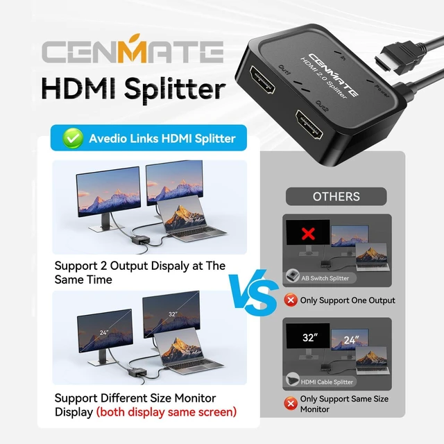 Alt view image 7 of 7 - 4K@60Hz HDMI 2.0 Splitter 1 in 2 Out, Mirror Only Not Extended Display, HDMI 2.0 Splitter, Support HDMI2.0, HDCP2.2, Auto Downscaling, Deep Color Mode at up to 36 bits, CEC
