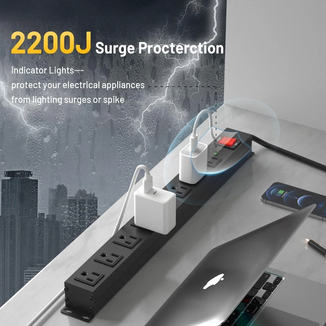 Alt view image 2 of 7 - 8 Outlet Heavy Duty Power Strip Surge Protector, 2100J Surge Protection Black Power Strip, 15A/1875W Mountable Power Strips, 14AWG 6FT Extension Cord, Black(8FT-2100J)