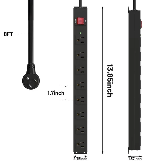 Alt view image 5 of 7 - 8 Outlet Heavy Duty Power Strip Surge Protector, 2100J Surge Protection Black Power Strip, 15A/1875W Mountable Power Strips, 14AWG 6FT Extension Cord, Black(8FT-2100J)