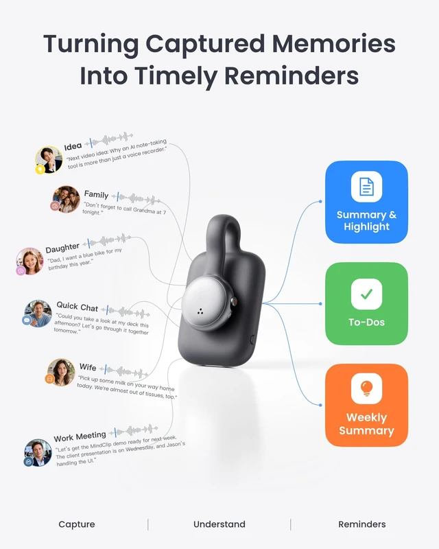 Alt view image 4 of 7 - AI MindClip Wearable Voice Recorder, AI Note Taking Device, 64GB AI Voice Recorder, Meetings, Daily Life & To-Dos, Calls, Interviews, Lectures, Ideas, 300 Free Min./Month, Black