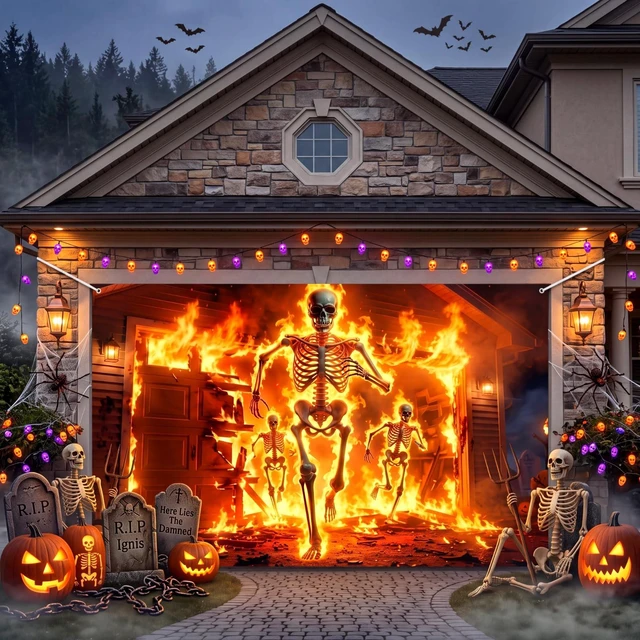 Main image of Halloween Scary Garage Door Cover Banner, 7x16ft, Fire Skeleton Halloween Garage Door Decorations, Backdrop Wall Background, Party Decorations, for Home Outdoor Holiday Wall Decor