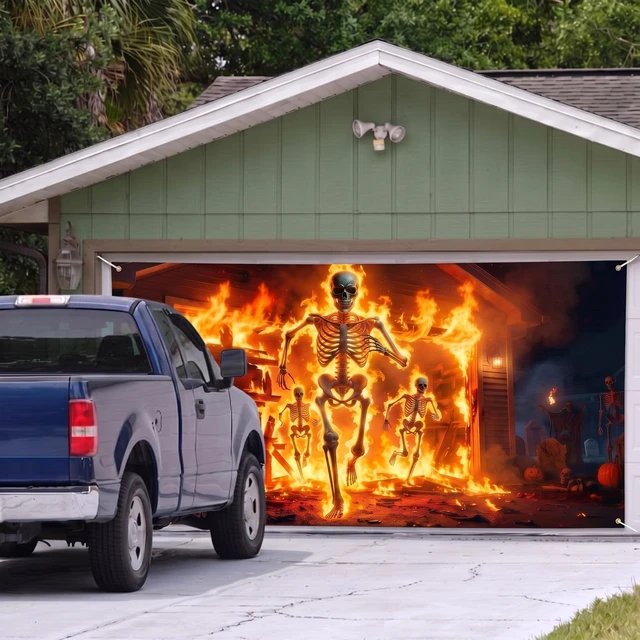 Alt view image 2 of 7 - Halloween Scary Garage Door Cover Banner, 7x16ft, Fire Skeleton Halloween Garage Door Decorations, Backdrop Wall Background, Party Decorations, for Home Outdoor Holiday Wall Decor