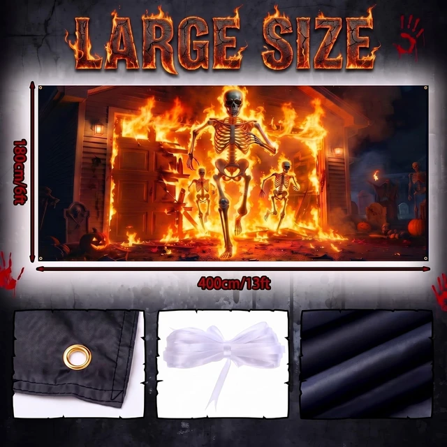 Alt view image 3 of 7 - Halloween Scary Garage Door Cover Banner, 7x16ft, Fire Skeleton Halloween Garage Door Decorations, Backdrop Wall Background, Party Decorations, for Home Outdoor Holiday Wall Decor
