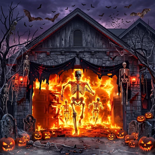 Alt view image 5 of 7 - Halloween Scary Garage Door Cover Banner, 7x16ft, Fire Skeleton Halloween Garage Door Decorations, Backdrop Wall Background, Party Decorations, for Home Outdoor Holiday Wall Decor