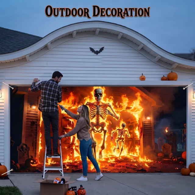 Alt view image 6 of 7 - Halloween Scary Garage Door Cover Banner, 7x16ft, Fire Skeleton Halloween Garage Door Decorations, Backdrop Wall Background, Party Decorations, for Home Outdoor Holiday Wall Decor