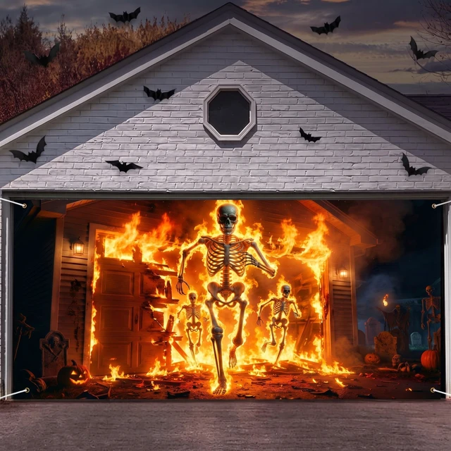 Alt view image 7 of 7 - Halloween Scary Garage Door Cover Banner, 7x16ft, Fire Skeleton Halloween Garage Door Decorations, Backdrop Wall Background, Party Decorations, for Home Outdoor Holiday Wall Decor