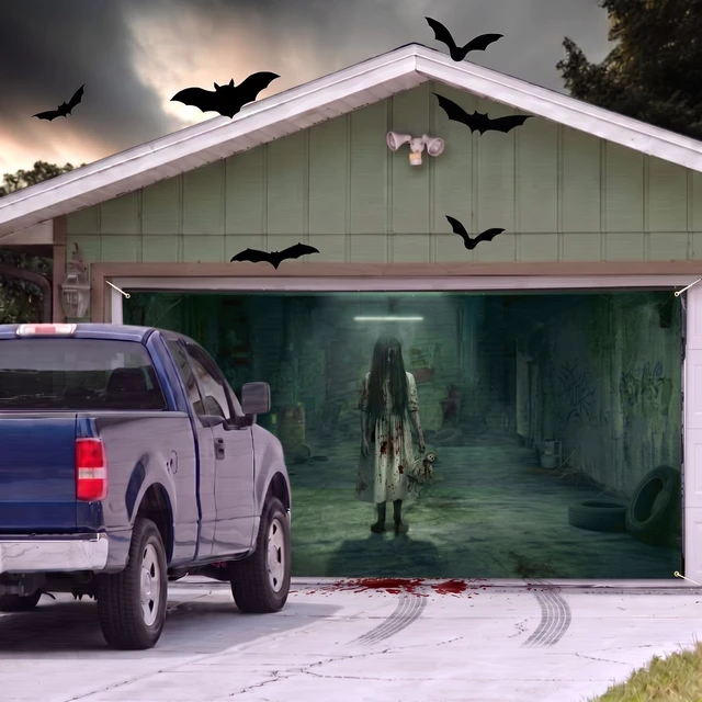 Alt view image 2 of 7 - Halloween Scary Garage Door Cover Banner, 7x16ft, Ghost2 Halloween Garage Door Decorations, Backdrop Wall Background, Party Decorations, for Home Outdoor Holiday Wall Decor