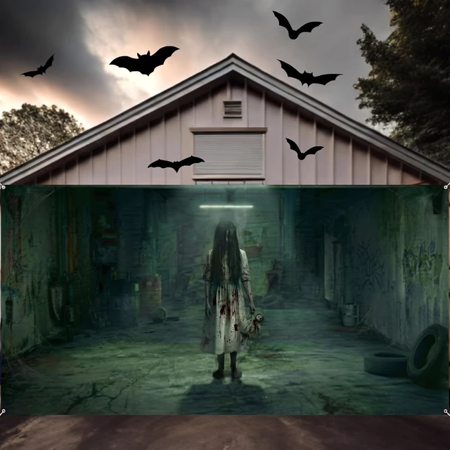 Alt view image 4 of 7 - Halloween Scary Garage Door Cover Banner, 7x16ft, Ghost2 Halloween Garage Door Decorations, Backdrop Wall Background, Party Decorations, for Home Outdoor Holiday Wall Decor