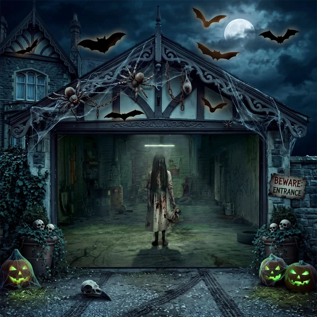 Alt view image 6 of 7 - Halloween Scary Garage Door Cover Banner, 7x16ft, Ghost2 Halloween Garage Door Decorations, Backdrop Wall Background, Party Decorations, for Home Outdoor Holiday Wall Decor