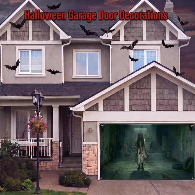 Alt view image 7 of 7 - Halloween Scary Garage Door Cover Banner, 7x16ft, Ghost2 Halloween Garage Door Decorations, Backdrop Wall Background, Party Decorations, for Home Outdoor Holiday Wall Decor