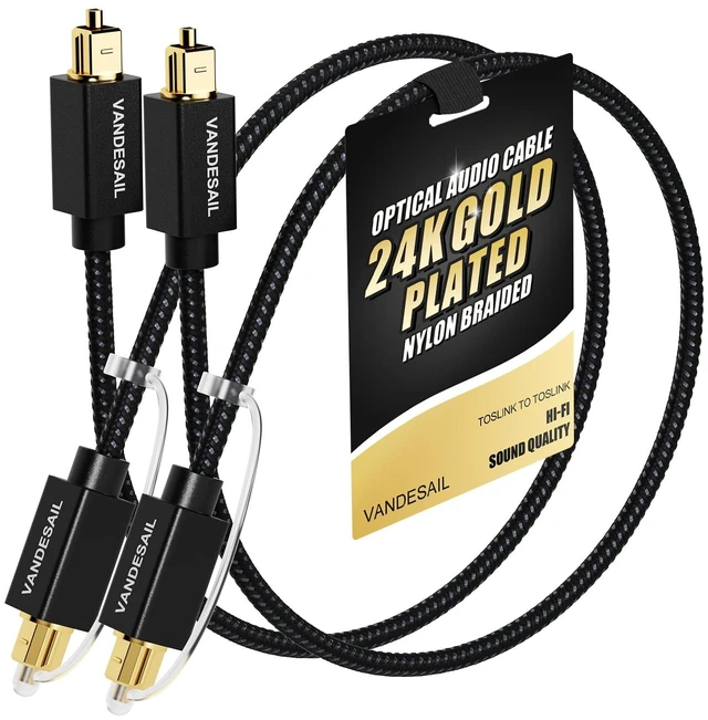 Main image of Short Optical Audio Cable 1 FT/0.3M 2 Pack, Nylon Braided Optical Cable for Soundbar, Gold-Plated Connector, PCM & Dolby Digital Plus support, S/PDIF compatible with TV, Xbox, PS4