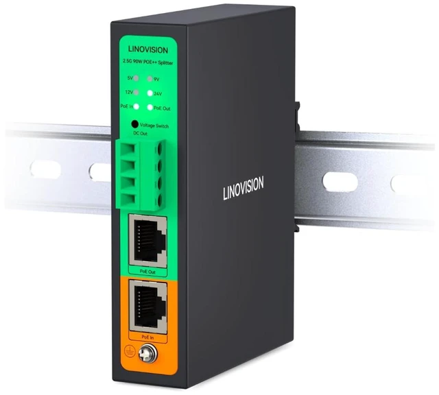 Main image of Industrial 2.5G PoE++ Splitter, BT 90W PoE to DC 5/9/12/24V Dual Output BT PoE & DC Din Rail Mounting for WiFi 6E/7 AP, PTZ Camera