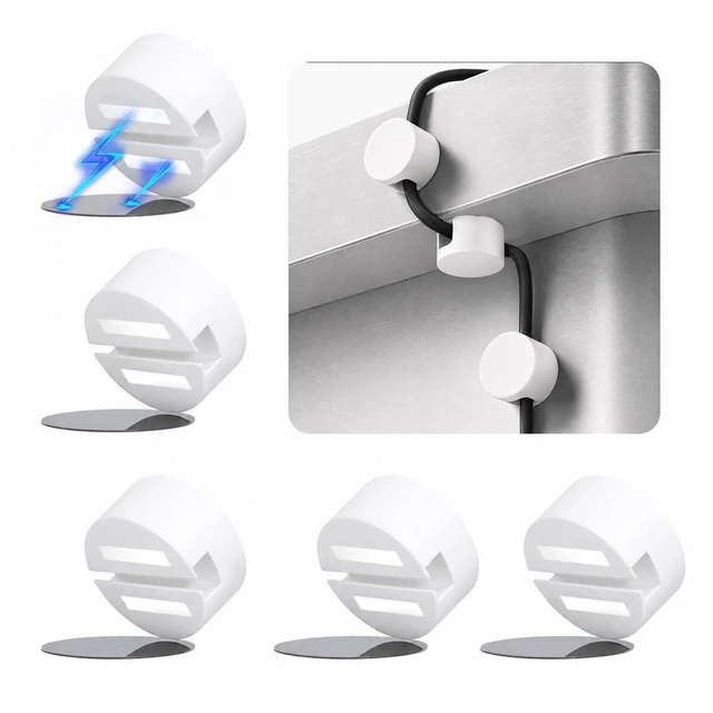 Main image of Magnetic Cable Clips White, Cord Organizer Magnet Silicone Cord Management Charging Cable Holder for Metal Desk, File Cabinet, Home and Office, with Extra Adhesive Plates (5 Piece, Large Size)