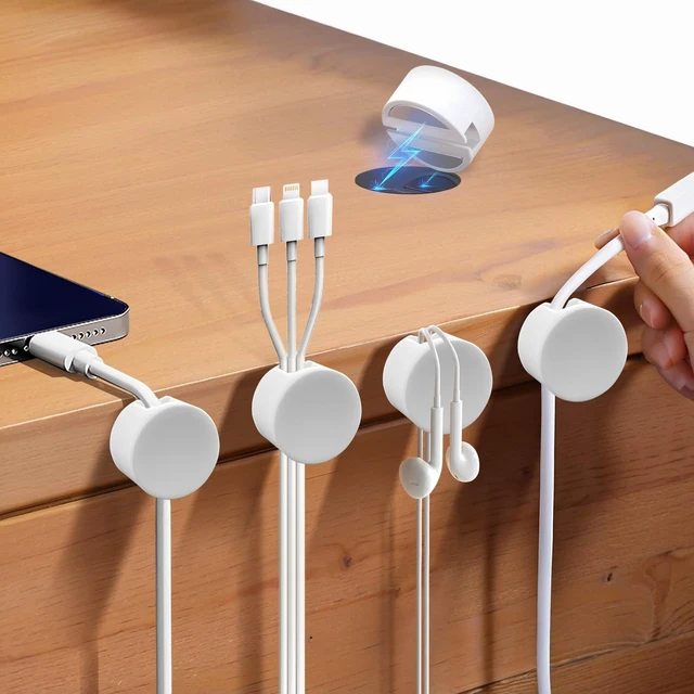 Alt view image 2 of 7 - Magnetic Cable Clips White, Cord Organizer Magnet Silicone Cord Management Charging Cable Holder for Metal Desk, File Cabinet, Home and Office, with Extra Adhesive Plates (5 Piece, Large Size)
