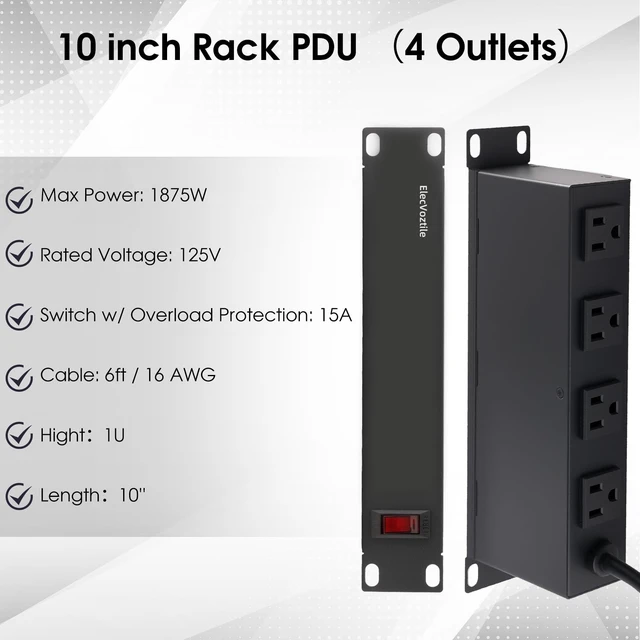 Alt view image 3 of 5 - 10 inch Rack PDU, 4 Rear Outlets, 15A, 125V, 1875W, Metal Case Heavy Duty, 15A Overload Switch, 1U RackMount, Rear Power Cord, Fits 10-inch Mini Server Rack