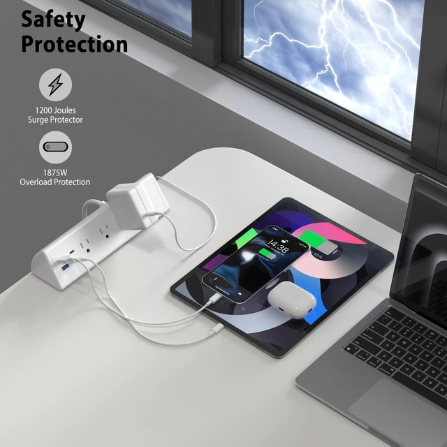 Alt view image 5 of 7 - Desk Clamp Power Strip,20W Fast Charging Station,Surge Protector Nightstand Edge Mount,1875W Extension Cord with Multiple Outlets,2 USB-C,2 USB-A,for Home Office (White, 6 FT)