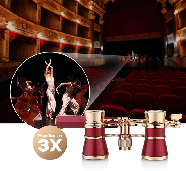 Alt view image 3 of 7 - Opera Glasses 3X25 Theater Binoculars with Retractable Handle Compact with Carrying Bag, Easy to Use with Center-Focus Knob, High-grade Aluminum Aalloy, Elegant Gift for Women (Red)