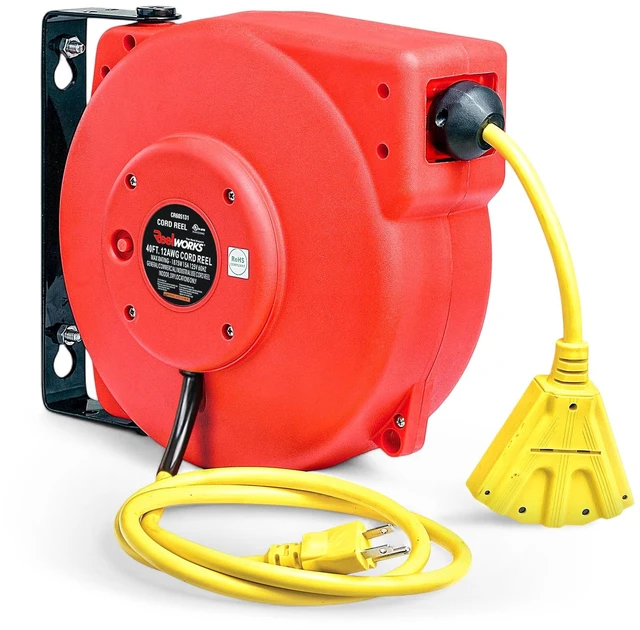 Main image of Retractable Extension Cord Reel Polypropylene 12AWG x 40' Foot Industrial Commercial Grade 3C SJT Cable Triple Tap Connector 15A 125VAC 1875W 60Hz Current Interrupter Best for Indoor Use