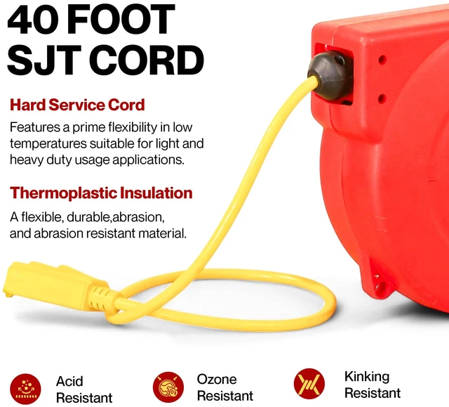 Alt view image 2 of 7 - Retractable Extension Cord Reel Polypropylene 12AWG x 40' Foot Industrial Commercial Grade 3C SJT Cable Triple Tap Connector 15A 125VAC 1875W 60Hz Current Interrupter Best for Indoor Use
