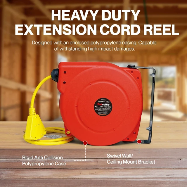 Alt view image 5 of 7 - Retractable Extension Cord Reel Polypropylene 12AWG x 40' Foot Industrial Commercial Grade 3C SJT Cable Triple Tap Connector 15A 125VAC 1875W 60Hz Current Interrupter Best for Indoor Use