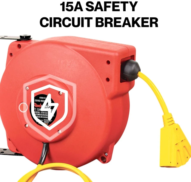 Alt view image 7 of 7 - Retractable Extension Cord Reel Polypropylene 12AWG x 40' Foot Industrial Commercial Grade 3C SJT Cable Triple Tap Connector 15A 125VAC 1875W 60Hz Current Interrupter Best for Indoor Use
