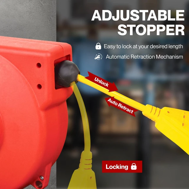 Alt view image 6 of 7 - Retractable Extension Cord Reel Polypropylene 12AWG x 40' Foot Industrial Commercial Grade 3C SJT Cable Triple Tap Connector 15A 125VAC 1875W 60Hz Current Interrupter Best for Indoor Use