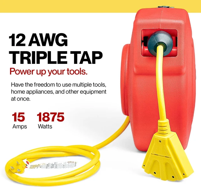 Alt view image 4 of 7 - Retractable Extension Cord Reel Polypropylene 12AWG x 40' Foot Industrial Commercial Grade 3C SJT Cable Triple Tap Connector 15A 125VAC 1875W 60Hz Current Interrupter Best for Indoor Use