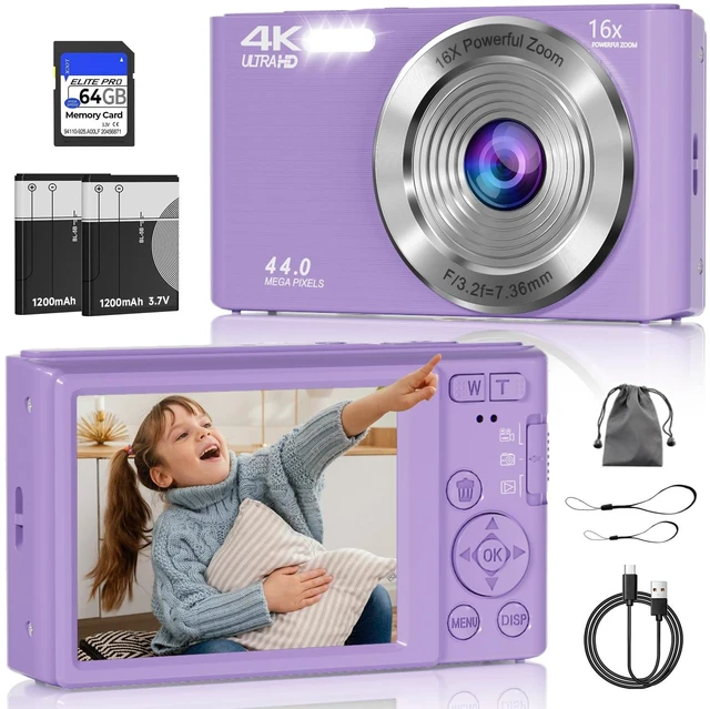 Main image of Digital Camera, FHD 4K Compact Cameras with 64GB SD Card 2 Batteries, Portable Travel Digital Camera with 16X Autofocus Digital Zoom Small Camera for Teens Kids Boys Girls, Dark Purple