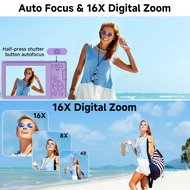 Alt view image 5 of 6 - Digital Camera, FHD 4K Compact Cameras with 64GB SD Card 2 Batteries, Portable Travel Digital Camera with 16X Autofocus Digital Zoom Small Camera for Teens Kids Boys Girls, Dark Purple