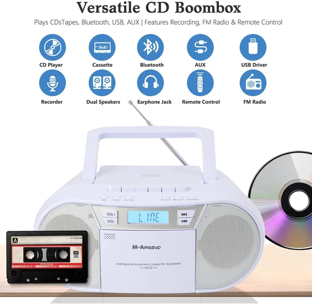 Alt view image 2 of 7 - Boombox CD Player Portable, Cassette Player Combo with CD MP3 Bluetooth AUX TF USB FM Radio AC/DC Powered, Boom Box with Remote Control, Headphone Jack, Stereo Sound for Home,Kids,Gift