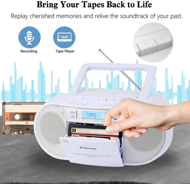 Alt view image 4 of 7 - Boombox CD Player Portable, Cassette Player Combo with CD MP3 Bluetooth AUX TF USB FM Radio AC/DC Powered, Boom Box with Remote Control, Headphone Jack, Stereo Sound for Home,Kids,Gift