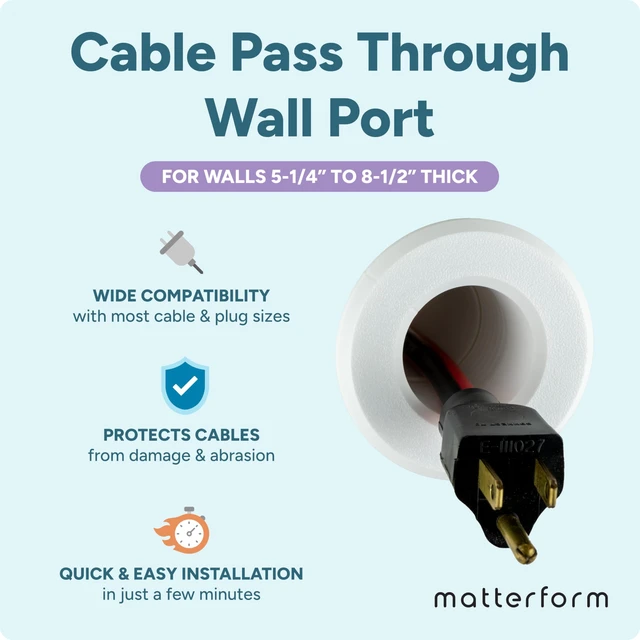 Alt view image 2 of 7 - Cable Pass Through Wall Port, Extended Length Fits Cable Sizes up to 3-Prong Plug Extra Long Compatible with 5 1/4 - 8 1/2 Wall Thickness Provides Solid Channel Through Wall (White)