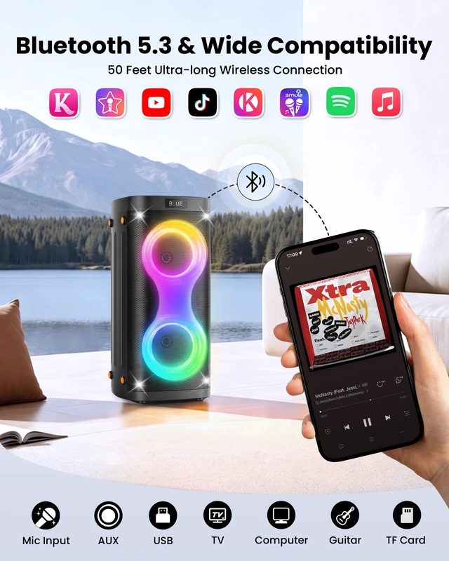 Alt view image 3 of 7 - Bluetooth Speaker with Lights, Portable Party Speaker for Home and Outdoor Portable PA System with Lights, Floorstanding Speaker Supports USB/TF Card/TWS/AUX for Family Party Home Entertainment