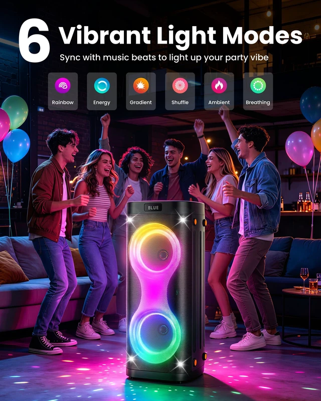 Alt view image 5 of 7 - Bluetooth Speaker with Lights, Portable Party Speaker for Home and Outdoor Portable PA System with Lights, Floorstanding Speaker Supports USB/TF Card/TWS/AUX for Family Party Home Entertainment